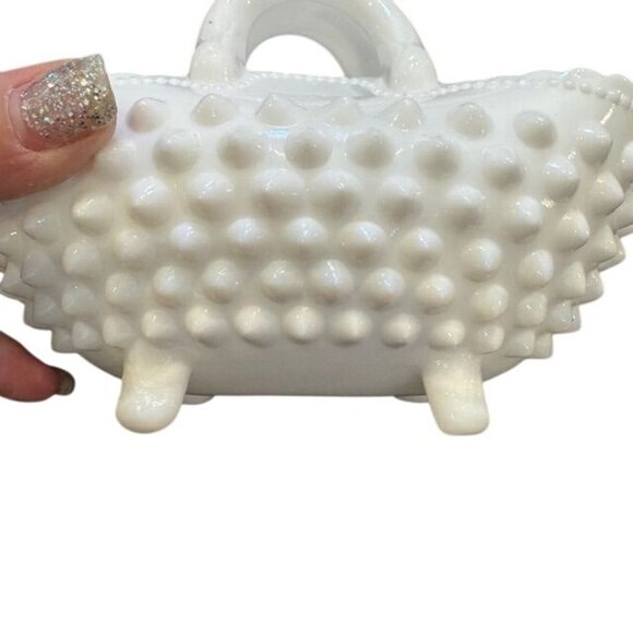 White Hobnail Milk Glass Mini Basket With Handle & Scalloped Edge - Picture 5 of 8